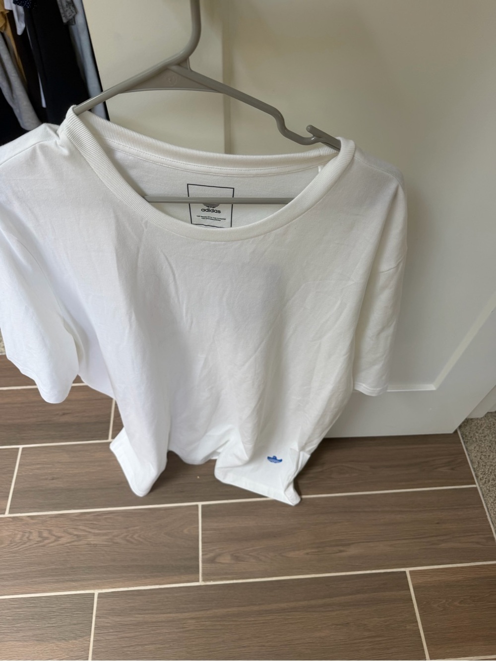 adidas White Short Sleeve Tee with Small Blue Logo